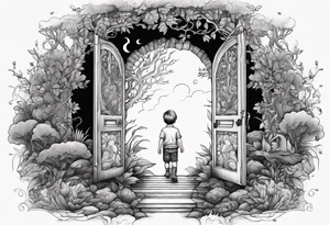 a small boy entering a doorway
 leading to a fantasy world filled with nature tattoo idea