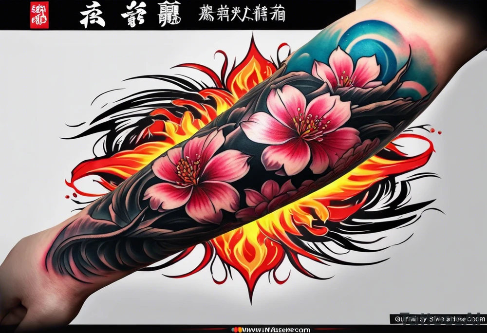 men's tattoo, on all forearms, sakura on one side of the forearm, on the other side of the forearm there is sakura, but on fire tattoo idea