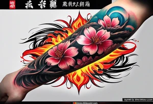 men's tattoo, on all forearms, sakura on one side of the forearm, on the other side of the forearm there is sakura, but on fire tattoo idea