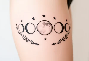 the 9 moon phases with stars and olive branches tattoo idea