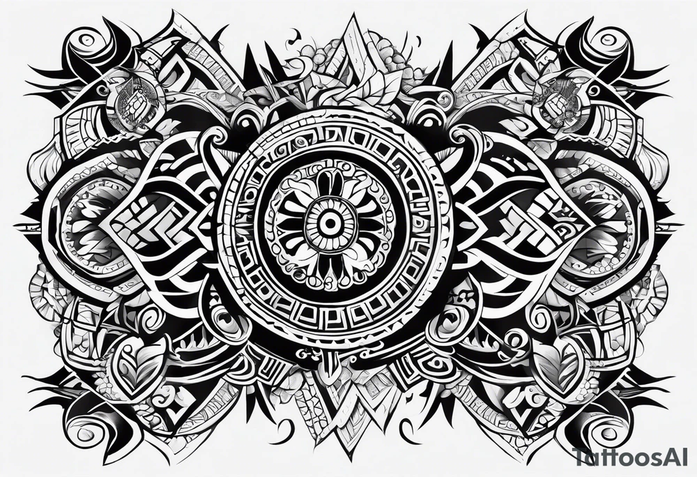 A black-and-white, asymmetrical Filipino tribal tattoo design centered along the spine, incorporating a wide variety of traditional Filipino symbols. tattoo idea