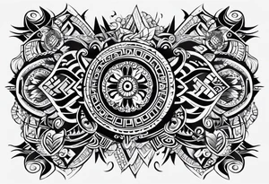 A black-and-white, asymmetrical Filipino tribal tattoo design centered along the spine, incorporating a wide variety of traditional Filipino symbols. tattoo idea