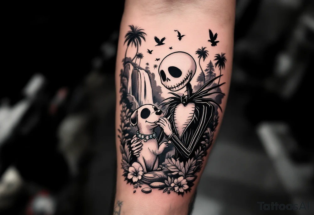 jack skellington with dog smoking a blunt, in nature jungle, waterfall, birds, palm trees tattoo idea