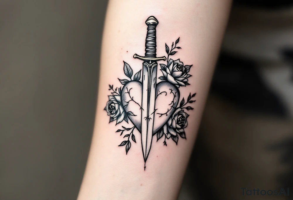 dagger piercing a heart with roses tattoo idea