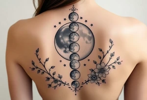 All the Phases of the moon detailed down the spine details on the moon. With vines and stars and flowers along the sides down beside the phases of the moon tattoo idea