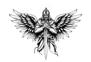 Holy Archangel, Biblical, Christianity, Hebrew, Guards of Christianity, Holding a sword, has six wings, wearing helmet, halo, seraphim, seek justice tattoo idea