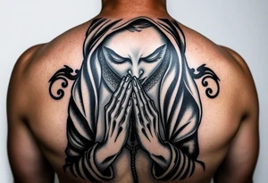 Chicano style woman with praying hands and rosary in hands tattoo idea