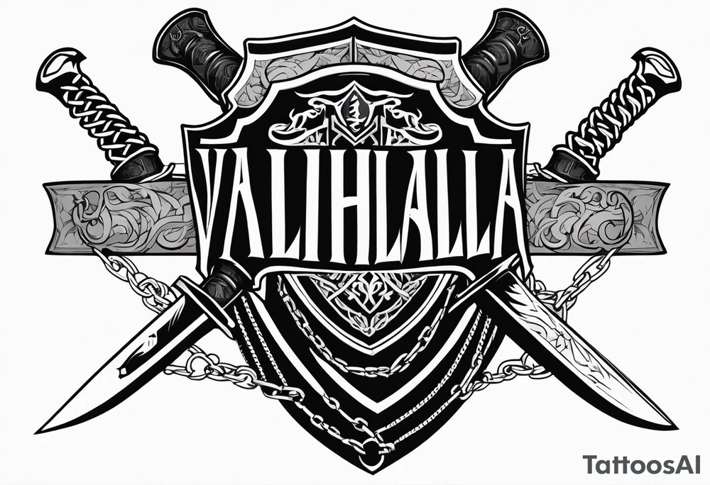 Valhalla sword shield axe barbed wire chains dark cloud tattoo idea