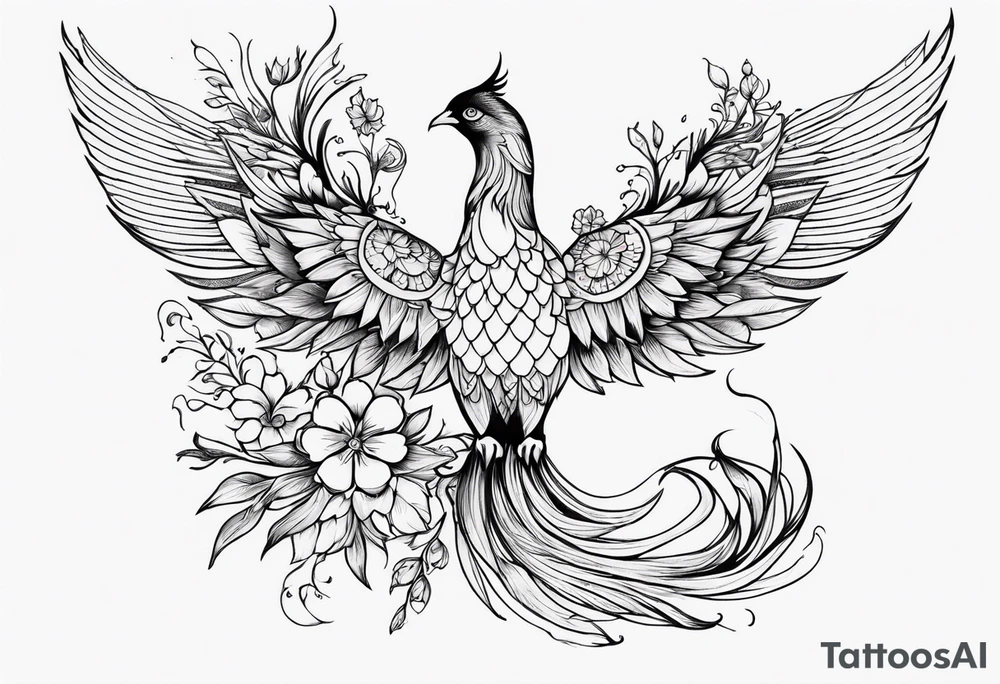 Phoenix with flowers but feminine facing to the side tattoo idea Phoenix with flowers but feminine facing to the side tattoo idea