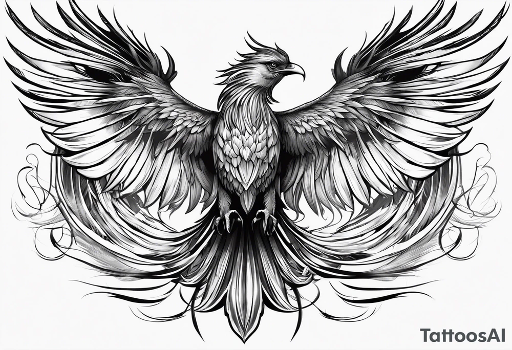 elegant long feathered phoenix
 in flight tattoo idea
