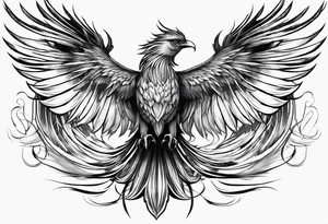 elegant long feathered phoenix
 in flight tattoo idea