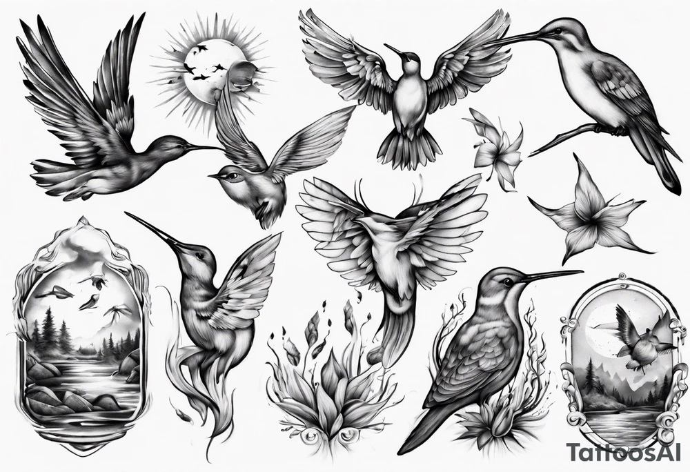 Wasser, Nymphe, Fisch, Hirsch, Wald, Waffe, Sonne, Kolibri tattoo idea