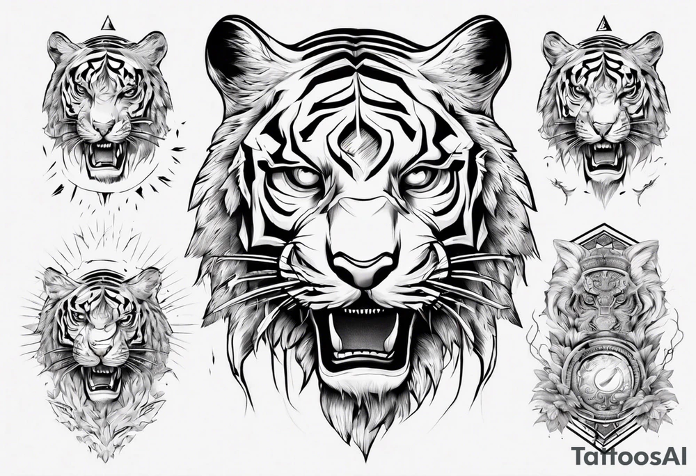 Ancient tiger with lightning and a sun for a forearm sleeve. With patterns surrounding it tattoo idea