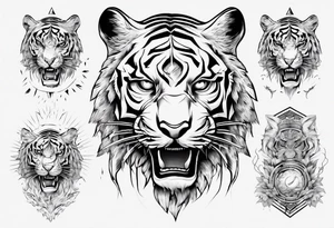 Ancient tiger with lightning and a sun for a forearm sleeve. With patterns surrounding it tattoo idea