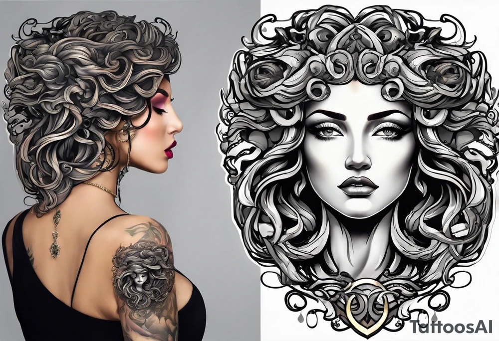 Medusa head with a mysterious expression, capturing both her allure and danger. Blend dream-like qualities with the striking figure of Medusa. tattoo idea