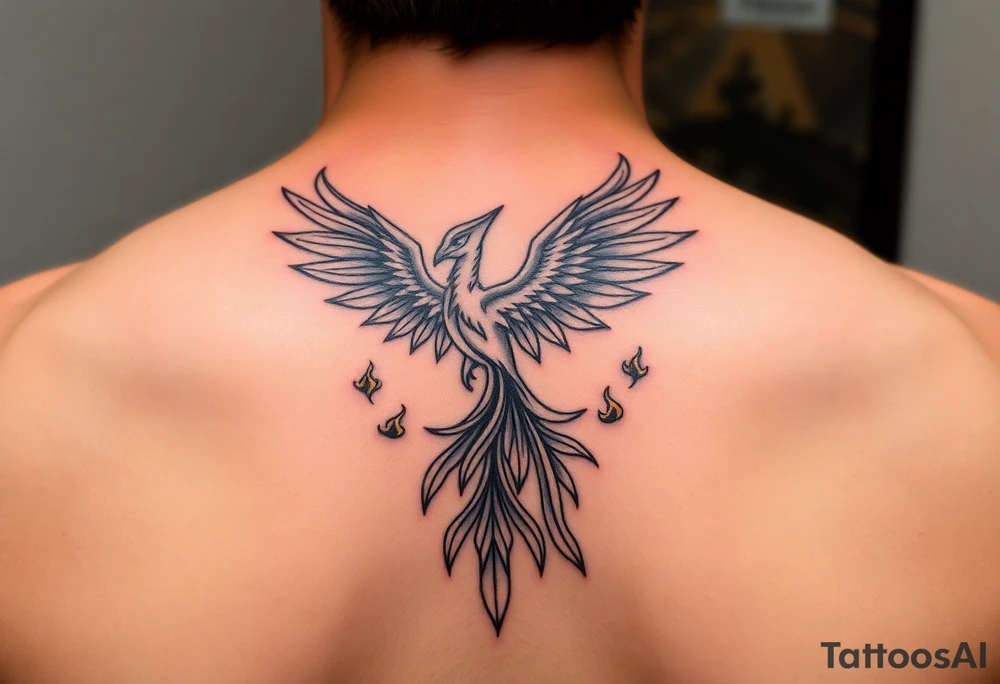 magnificent phoenix rising from golden flames with trailing embers tattoo idea
