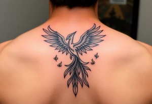 magnificent phoenix rising from golden flames with trailing embers tattoo idea