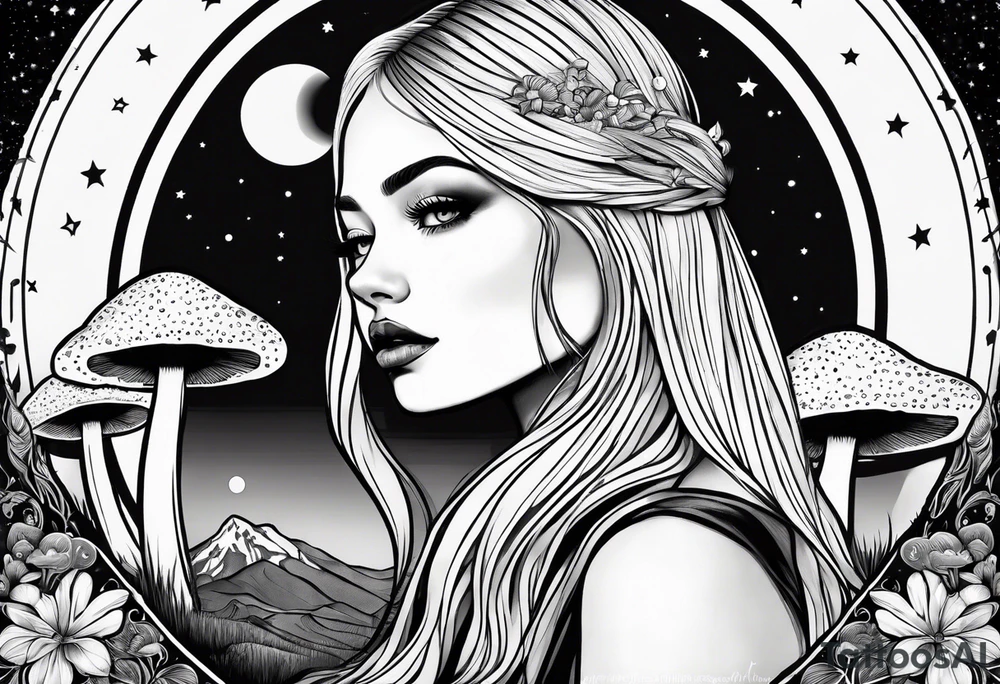 Straight blonde hair girl facing away toward mountains surrounded by mushrooms crescent moon circular design black and white striped dress tattoo idea