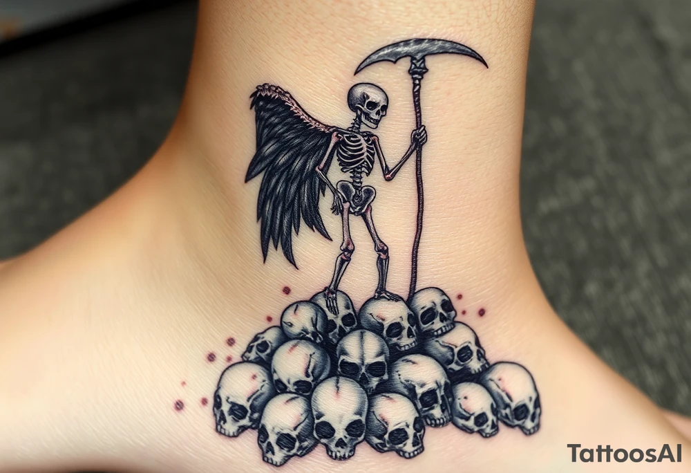 A skeletal angel standing on a pile of skulls, with black and gray feathers, and dark, brooding shadows with hints of metallic silver on the scythe. tattoo idea