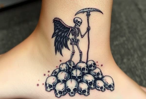 A skeletal angel standing on a pile of skulls, with black and gray feathers, and dark, brooding shadows with hints of metallic silver on the scythe. tattoo idea