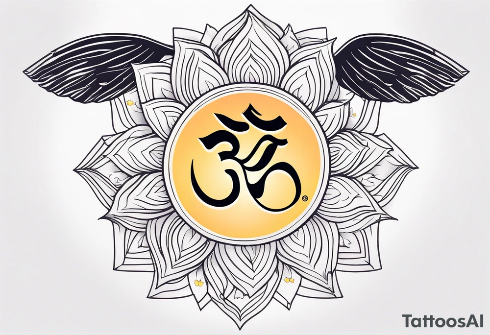 AUM symbol, one flying 
sparrow, sunrays, staircase, cosmos, iris, daisy tattoo idea