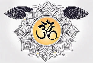 AUM symbol, one flying 
sparrow, sunrays, staircase, cosmos, iris, daisy tattoo idea