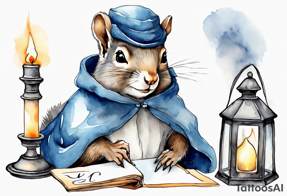 an elderly grey squirrel dressed in a grey and blue cloak writing a letter by candlelight tattoo idea