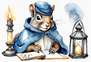 an elderly grey squirrel dressed in a grey and blue cloak writing a letter by candlelight tattoo idea