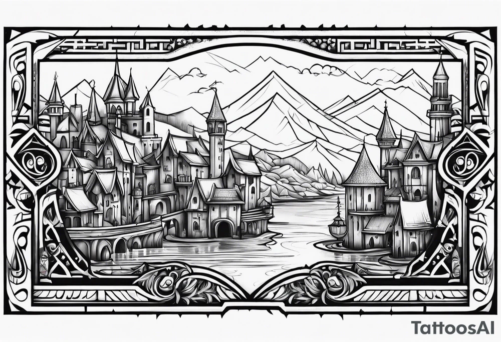 medieval tribal city land vignette tattoo idea