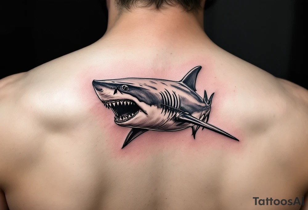 realistic shark with trident tattoo idea