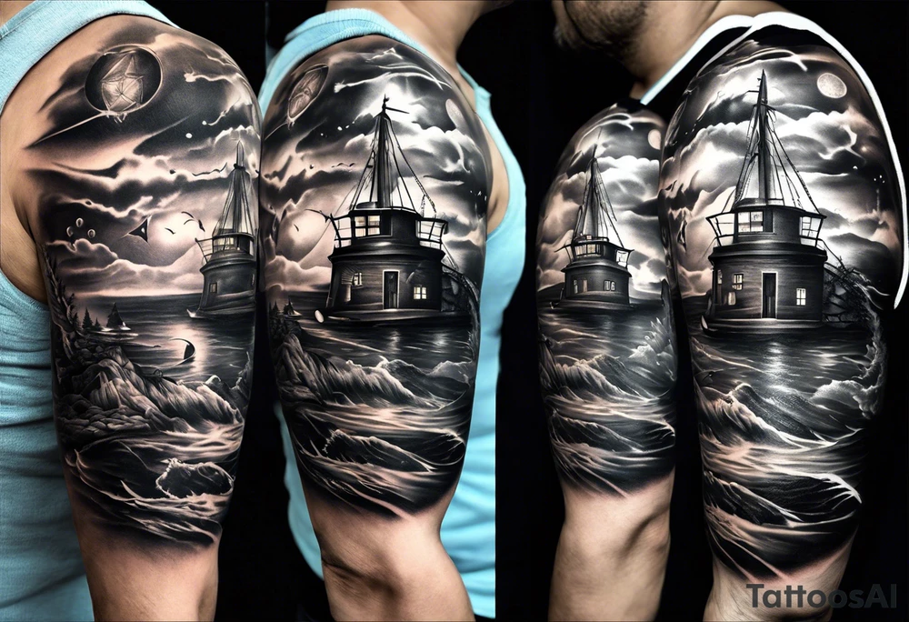 full sleeve tattoo with compass, lighthouse, bermuda triangle theme, crown and anchor dice, lightning in background tattoo idea