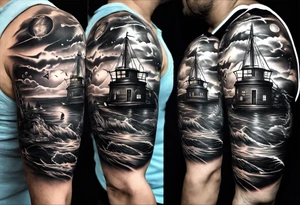 full sleeve tattoo with compass, lighthouse, bermuda triangle theme, crown and anchor dice, lightning in background tattoo idea