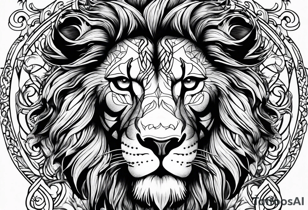 A lion surrounded by twin flames tattoo idea