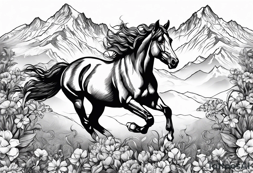 bucking horse, mountains background, flowers, western tattoo idea