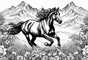 bucking horse, mountains background, flowers, western tattoo idea