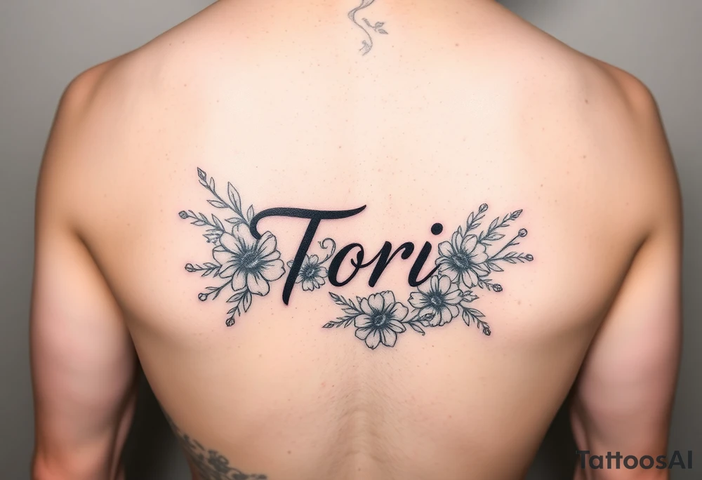Name Tori with flowers hand tattoo idea