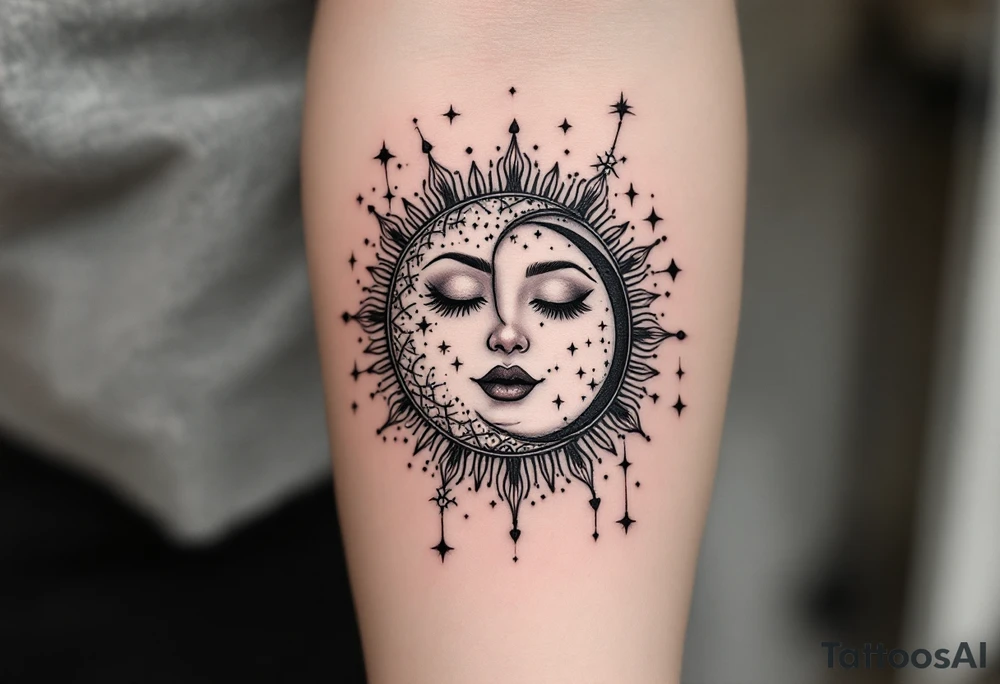 celestial sun and moon embrace with constellation patterns tattoo idea