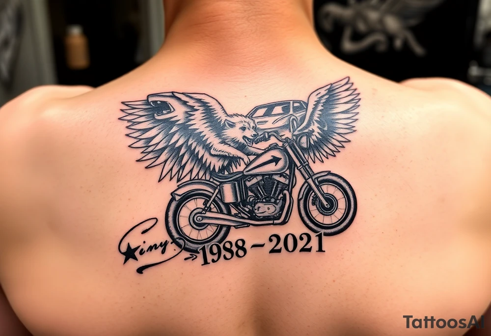 Dale Earnhardt car on it with the year 1958 - 2021 intertwined with a motorcycle on it with guardian angel wolves tattoo idea
