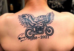 Dale Earnhardt car on it with the year 1958 - 2021 intertwined with a motorcycle on it with guardian angel wolves tattoo idea