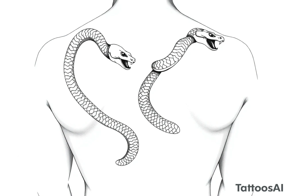 Id like a back tattoo with two snakes.  The illustration should be minimal with "skin-break."  I'd like the tails to be intertwined to accentuate my upper buttocks/upper butt crack, and Id like the snakes to moving upwards to the upper back, with the heads stopping just under my shoulder blades.  Almost like a "V shape" but very organic, like a symmetrical winding road.  Id like the tattoo to be sexy and accentuate my back to make my waist look small.  Black and white. Minimal.  Fine line. Please use a male body type. tattoo idea