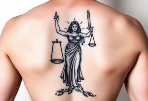 angry lady justice sword held high, broken scales under foot, sunlight shining on the darkness of injustice and corruption. ready to fight against the corruption of the system tattoo idea