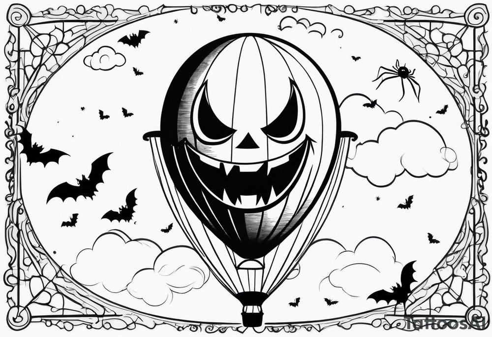 penny wise face on a floating balloon with spiders crawling on the balloon and bats flying around tattoo idea