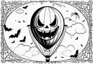 penny wise face on a floating balloon with spiders crawling on the balloon and bats flying around tattoo idea