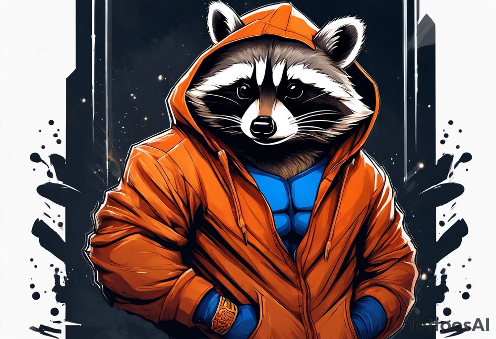 Raccoon wearing an orange Superman hoodie tattoo idea