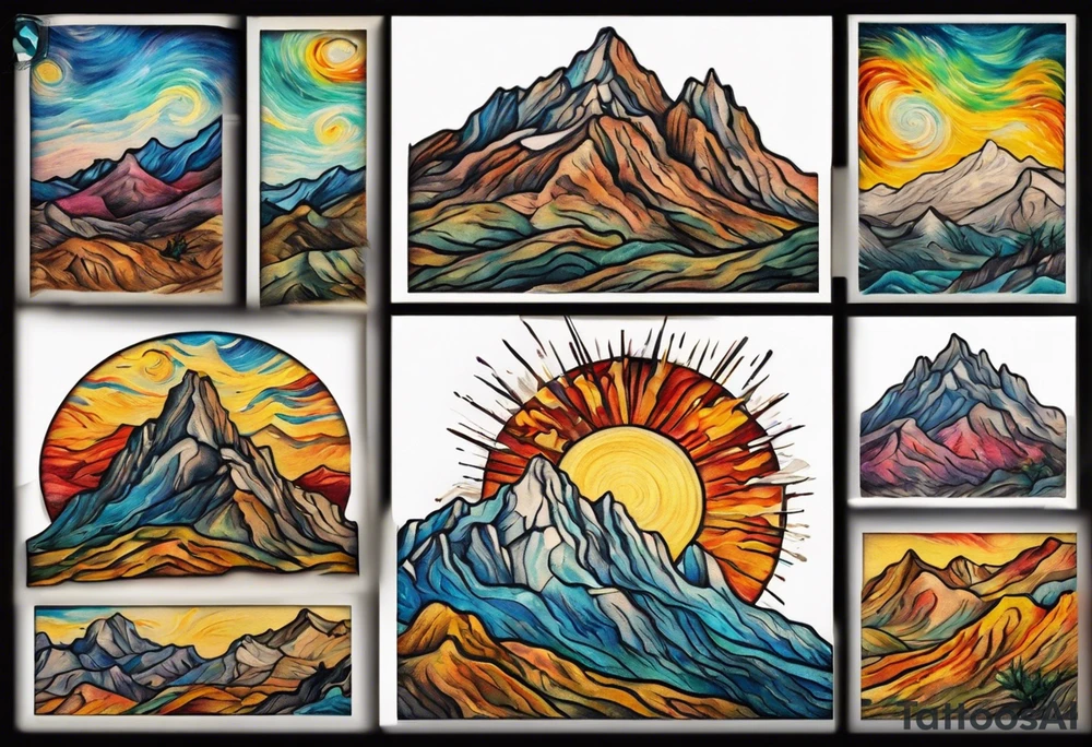 Small tattoo of New Mexico mountains, Van Gogh style, vibrant colors, swirling brushstrokes, detailed peaks, high quality, Van Gogh style, vibrant colors, swirling brushstrokes, detailed, professional, atmospheric lighting tattoo idea