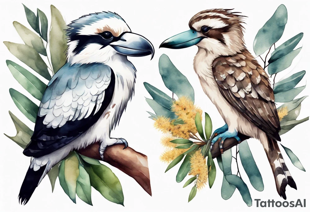 A kookaburra with a koala sitting on wattle and eucalyptus leaves tattoo idea