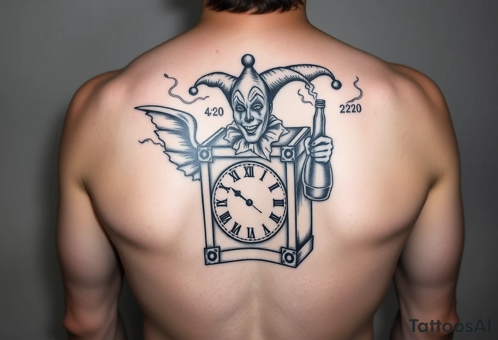 jack in the box
the box as a clock with the time 420
two open wings besides the clock
smoke as the spring
a jester clown coming out the smoke
smoking in one hand with a liquor bottle on the other hand tattoo idea