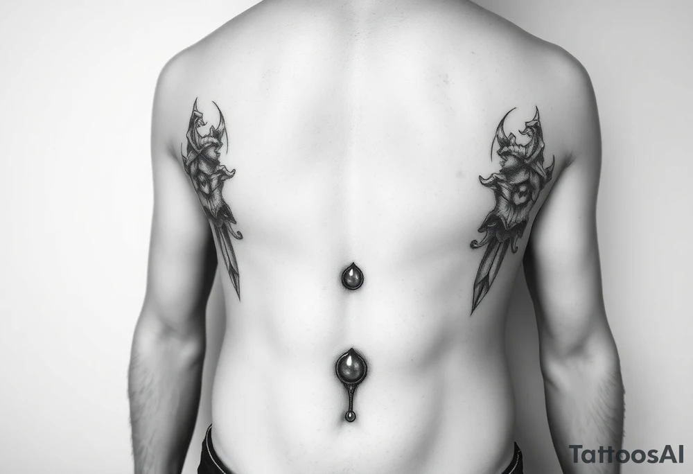 a men's belly tattoo that highlights a navel piercing tattoo idea