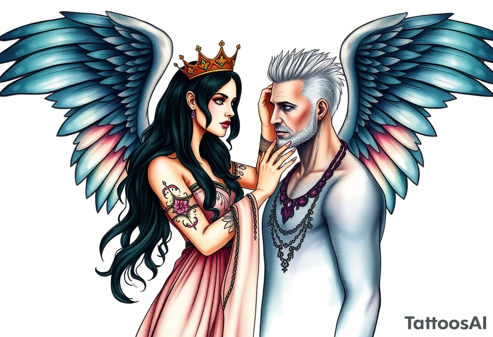 A Scorpio gypsy woman with wings like an angel and long black hair and green eyes placing a kings crown on a tall man with grey short spiked hair and blue eyes. She is wearing a long flowing dress tattoo idea