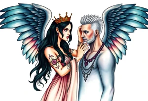 A Scorpio gypsy woman with wings like an angel and long black hair and green eyes placing a kings crown on a tall man with grey short spiked hair and blue eyes. She is wearing a long flowing dress tattoo idea
